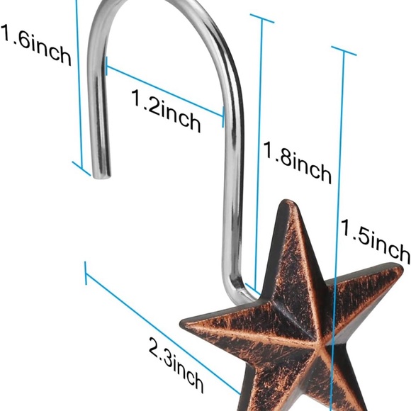 Star Decorative Rustic Shower Curtain Hooks for Home Bathroom, Set of 12, Brown - Picture 3 of 4